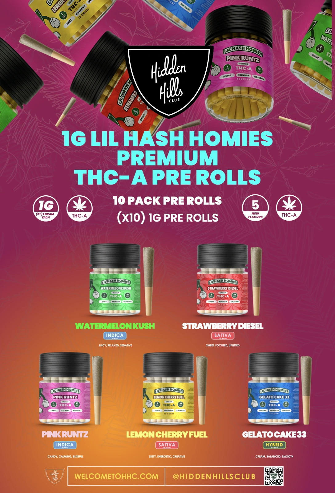 Hidden Hills Club Lil Hash Homies THCA Pre Roll 1g 10ct (SINGLE)