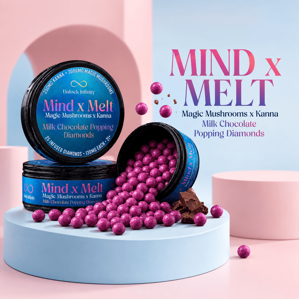 Mind x Melt Milk Chocolate Popping Diamonds 3G Mushroom + 250mg Kanna 25ct (12/pack) [DROPSHIP]