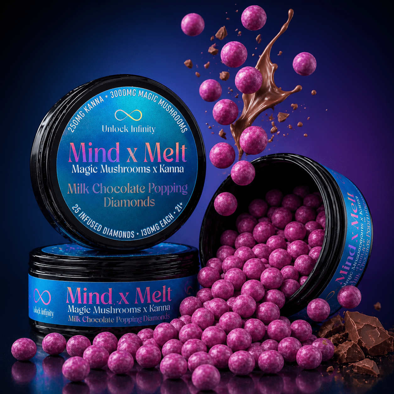 Mind x Melt Milk Chocolate Popping Diamonds 3G Mushroom + 250mg Kanna 25ct (12/pack) [DROPSHIP]