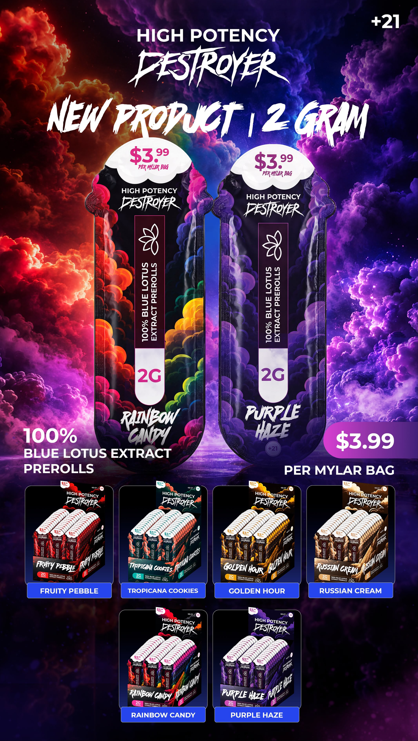 Destroyer Blue Lotus Pre Rolls $3.99 2g (40/pack) [TX Compliant]